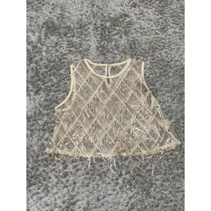 Women’s Sequin Fringe Crop Top Sheer Mesh Party Festival Shirt Approx Size S thumbnail 5