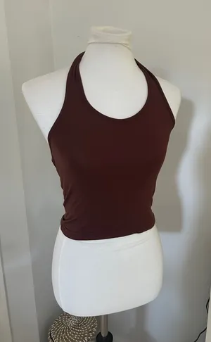 😍 Cutest Simple Brown Racerback Tied Halter Crop Tank thumbnail 1