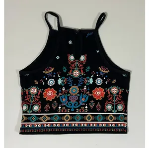 Kendall & Kylie Black Boho Bohemian Floral Print Square-Neck Halter Crop Top Shirt Blouse Tee Size XS 🌻✨ thumbnail 2
