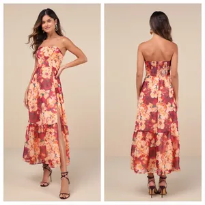 Lulus Bright Perspective Plum and Orange Floral Strapless Midi Dress thumbnail 2