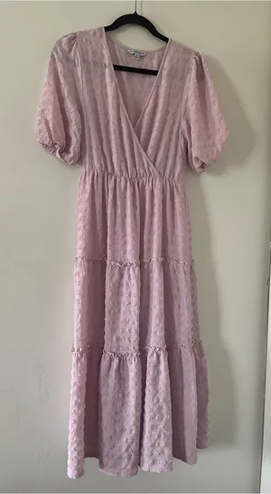 Pink Puff Sleeve Tiered Midi Dress Small Cottagecore Modest Romantic thumbnail 1