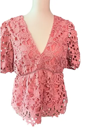 Endless Rose Womens L Coral Floral Lace Peplum Blouse V Neck Puff Sleeve Lined thumbnail 1