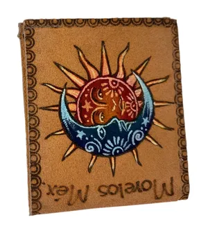Morelos Mexico Hand Painted Leather Sun Moon Bifold Wallet Tan Celestial Zipper thumbnail 1