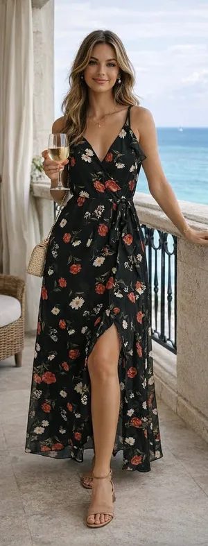 BISOU BISOU M Black Red Floral Sleeveless Maxi Dress V-Neck Ruffle Straps thumbnail 1