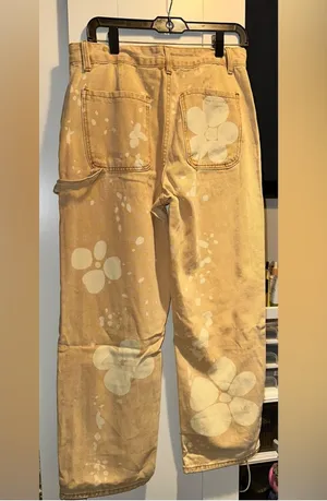 New Boutique Western Boho Button Fly Floral Jeans In Tan Combo Material: Cotton Size: 28 approx 15 inch flat and 28 inch Inseam thumbnail 3