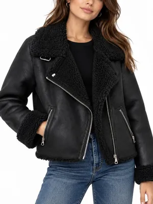 Sebby Black Washed Black Teddy Lined Aviator Bomber Style Full Zip Jacket M thumbnail 1