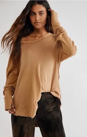 Free People We The Free Colby Top Womens‎ Small Brown Raw Edge Boho Slouchy thumbnail 1