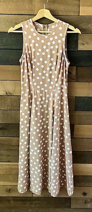 Vintage Paris Sport Club Sleeveless Tan Polka Dot Maxi Dress Made in USA Rayon thumbnail 1