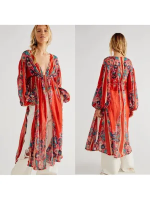 Free People Dream Girl Maxi Open Top Retro Red Lightweight Robe Size Size Medium thumbnail 2