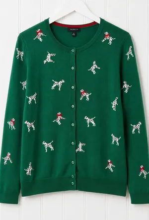 Talbots Petites Womens LP Green Dalmatian Dog Cardigan Cashmere Blend Holiday thumbnail 1