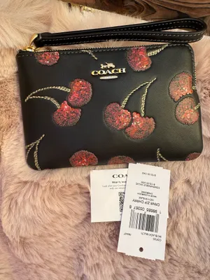 NWT Coach CDF05 Corner Zip Wristlet With Cherry Print Smooth Leather Black Multi thumbnail 1