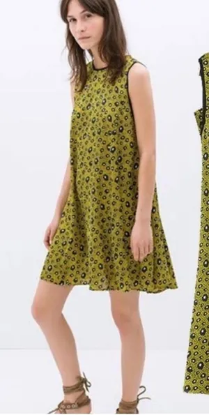 Zara Womens Size Small Sleeveless‎ Shift Dress Yellow Navy White Geo Button Back thumbnail 1
