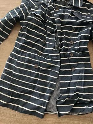 Banana Republic Double Breasted Cotton Trench Coat Womens MP Navy White Striped thumbnail 8