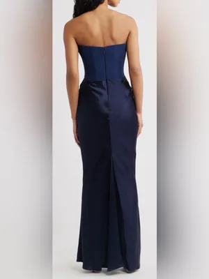 NEW HOUSE OF CB Persephone Strapless Corset Satin & Stretch Crepe navy Gown Sz M thumbnail 3