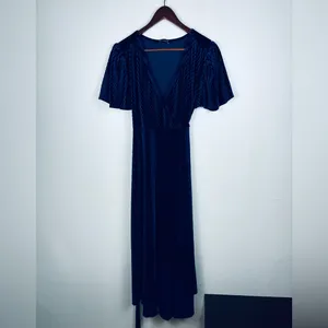 Simplee Small Butterfly Sleeve Wrap‎ Navy Blue Velvet Maxi Dress Tie Front thumbnail 2