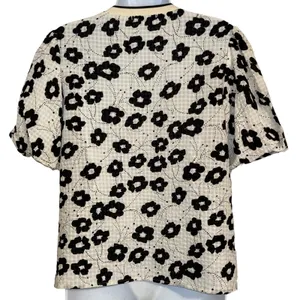 ANTHROPOLOGIE THML White & Cream With Black Floral Puff Sleeve Textured Top‎ S thumbnail 6