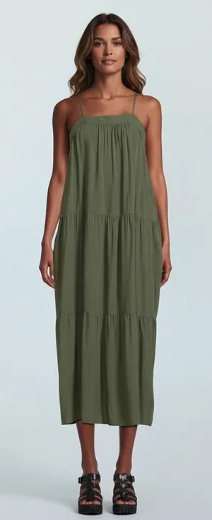 Time And Tru Womens Maxi Tiered Dress Size XS Green Sea Turtle Pockets Pullover thumbnail 1