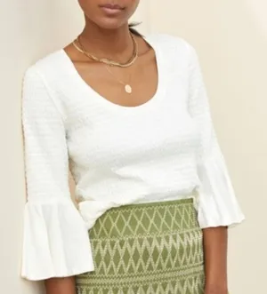 Anthropologie Cream Scoop Neck Smocked Bell Sleeve Blouse XS thumbnail 1