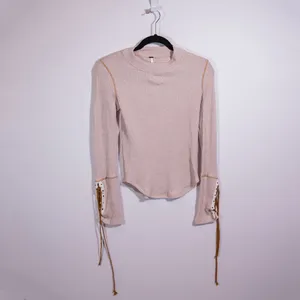 Free People Moutaineer Waffle Knit Lace Up Long Sleeve Crew Neck Tee Shirt Beige thumbnail 1
