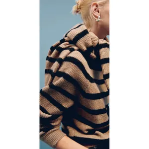 Mango MNG Striped Raglan Knit Sweater Camel Black Crew Neck Relaxed Fit XS thumbnail 6
