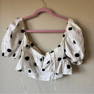 For Love & Lemons White Black Polka Dot Crop Blouse Womens S Puff Sleeve Top thumbnail 5