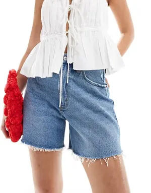 Abercrombie & Fitch High Rise The Dad Shorts Frayed Hem Denim Blue 33 thumbnail 1