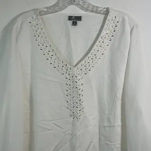 JM Collection White Linen Blend Embellished‎ V-Neck Tunic Top XL FLAW thumbnail 11