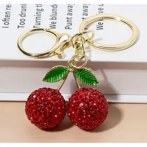 Red Cherry Rhinestone Keychain Sparkle Pendant Bag Charm Cute Accessory thumbnail 2