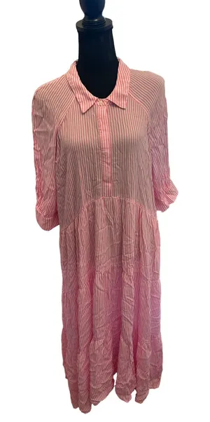 A Loves A Pink White Striped Tiered Maxi Dress Collared 3/4 Sleeve XL Preppy thumbnail 1
