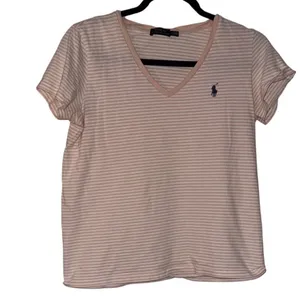 Polo Ralph Lauren Striped V-Neck T-Shirt‎ Women's Pink White Medium thumbnail 2