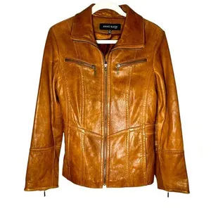 Vintage Anne Klein Longer Line Camel Faux Belted Leather Jacket Sz M thumbnail 1