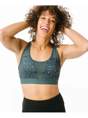Zyia Teal Blue Leopard Bomber Bra, EUC, Size Medium thumbnail 1