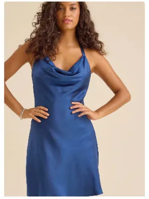 Altar’d State mini Navy Blue, satiny fabric, Cowl Neck Dress Sz XXS thumbnail 6