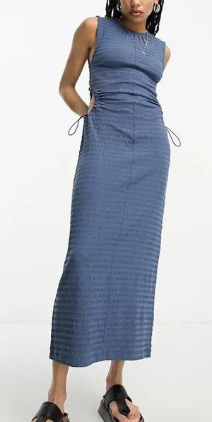 ASOS DESIGN crinkle midi dress cut out side detail and toggle trim blue‎ 10 thumbnail 1