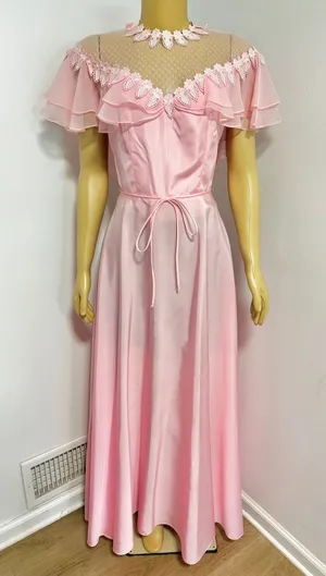 Vintage 70s Pink Maxi Dress Lace Mesh Yoke Flutter Sleeve Romantic Prom 9/10 thumbnail 1