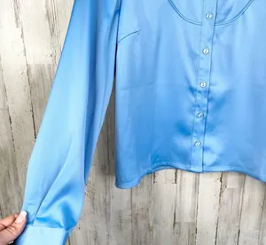 Something New Women's Long Sleeve Button-Up Satin Shirt Blue Size M Western thumbnail 5