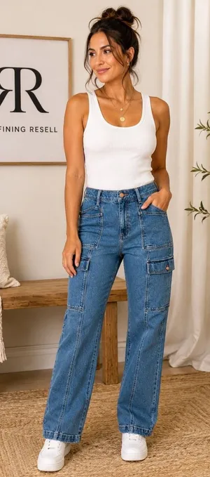Madewell 90s Straight Cargo Jeans Womens 31 Blue Medium Wash Utility Denim Pants thumbnail 1