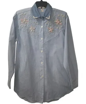 Vintage‎ Embellished Denim Shirt Floral Beaded Western Style Small thumbnail 1