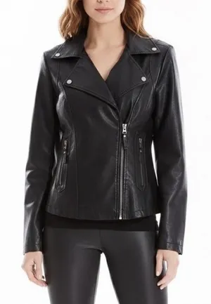 Max Studio Moto Jacket Women M Black Faux Leather Biker Asymmetric Zip Edgy thumbnail 1