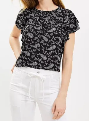 LOFT Paisley Ruched Flutter Sleeve Mixed Media‎ Top Lightweight Chiffon thumbnail 1