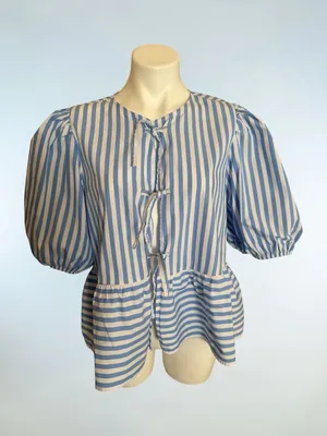 Blue and White Striped Puff-Sleeve Tie-Front Peplum Blouse thumbnail 1