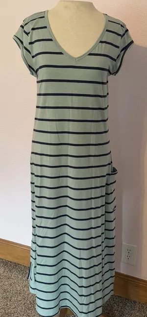 Toad & Co‎ Samba Muse Dress Green W/Navy Stripe Organic Cotton Travel Midi Med thumbnail 1