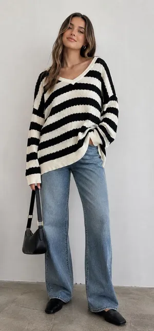 MADEWELL Striped White Black Knit V-Neck Sweater Womens XS Slouchy Oversized thumbnail 1