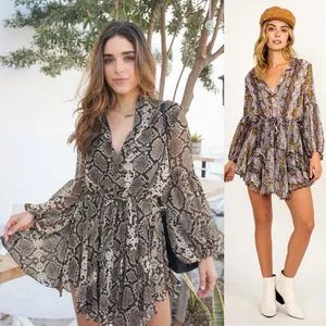 12th Tribe snakeskin snake python animal print button down long billowy balloon sleeve swing dress thumbnail 3