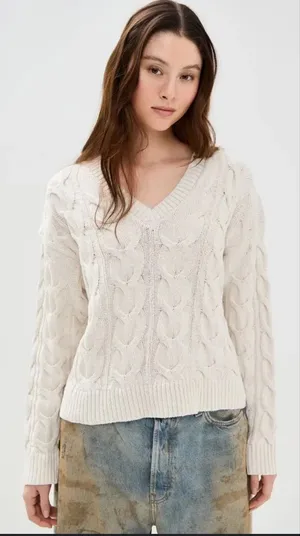 Free People Washed Cable V-Neck Knit Sweater Cream XL NWT Quiet‎ Luxury thumbnail 1