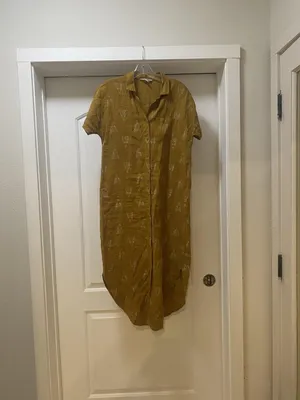 Garnet Hill Shirt Dress Womens XS Yellow Linen Geometric Button Midi Casual thumbnail 2