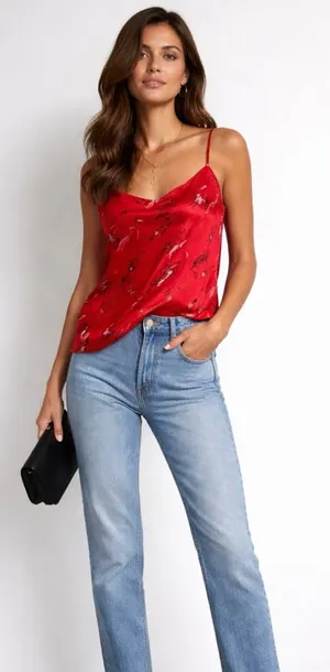 Vintage 90s Natori Private Luxuries Red Silk Cami Art Print Slip Tank XL💛 thumbnail 1