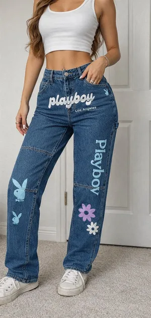 PacSun Playboy Los Angeles Graphic Jeans Womens 25 Y2K Straight Leg Denim Floral Bunny thumbnail 1