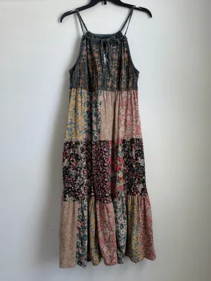 Young Threads Embroidered Denim Halter Patchwork Midi Dress Latte L NWT thumbnail 2