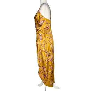 NWOT Express Satin Mustard Yellow Floral Bird Twist Front Tulip Midi Dress Small thumbnail 6